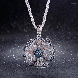 Pendant Necklaces MOONROCY Ancient Silver Color Crystal Long Chain Necklace Vintage Blue Sweater Coat Flower For Women Gift Drop