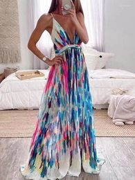 Casual Dresses 2022 Sexy Deep V Neck Boho Maxi Dress Summer Sleeveless Suspender Women Spring Tie-dye Print Loose Hollow Party