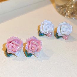 Stud Earrings 2022 Sweet White Pink Branch Rose Flower For Lady Girls Pendientes