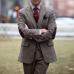 Men's Suits Winter Brown Tweed Wool Blends Mens Trajes De Hombre Single Breasted Jacket Vest Pants Wedding Tuxedos Business Blazer