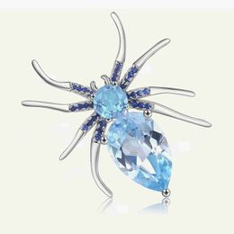 Pins Brooches 5.9Ct Natural Sky Blue Topaz Spider Sterling Sr 925 Goic Vintage Brooch For Women Party Fine Jewelry L221024