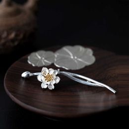 Pins Brooches 100% S925 Sterling Silver nese style flower collar pin temperament sweet lotus branch brooch female retro enic literary L221024