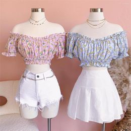 Women's T Shirts Pink Super Short Chiffon Shirt Crop Top Fashion Women's Summer Sexy Off Collar Floral Sleeves Blouse For Girls Maid