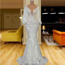 Floria Puffy long Sleeves Beads mermaid Wedding Dresses Full Lace floral Bridal Gown Arabic Dubai Vestidos De Fiesta