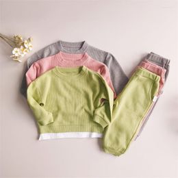 Clothing Sets Children Waffle Cotton Clothes Full Sleeve Sweatshirt And Solid Color Pants 2pcs Suits For Boys Girls Kids