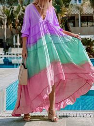 Casual Dresses 2022 Ladies Beach Dress Fashion Color-blocking Mid-Sleeve Large Swing Summer Elegant V-Neck Irregular Long Party