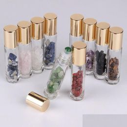 Packing Bottles 10Ml Natural Semiprecious Stones Bottles Ssential Oil Gemstone Roller Ball Clear Glass Healing Crystal Chips Boutiqu Dh8Of