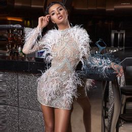 Party Dresses Sexy See Thru High Neck Crystals Short Prom Gowns Luxury Beading Long Sleeves Cocktail Dress Dubai Feather