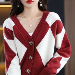 Women's Knits Cashmere Wool Cardigan Sweater 2022 Colorblock Knit V-Neck Casual Short Jacket Ladies Long Sleeve Autumn