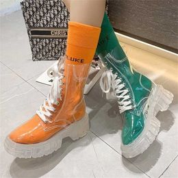 Boots 2022 Fashion Women Pu Transparent Platform Boots Waterproof Ankle Boots Feminine Clear Thick Bottom Rainboots Sexy Female Shoes T221010