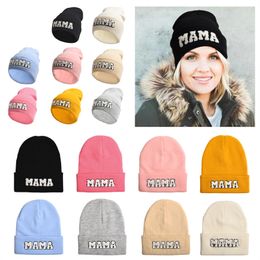 MAMA MINI letter embroidered woolen yarn hats Party Favor Winter keep warm knitting cap Europe America solid color parent-child knitted hat T9I002136