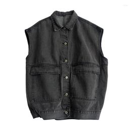 Men's Vests Men's Cotton Denim Vest With Multiple Pockets Plus Size Blue Loose Fit Sleeveless Jacket BA65