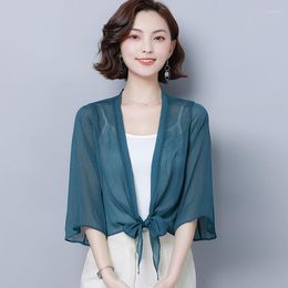 Women's Knits 2022 Style Women's Summer Solid Colour Chiffon Cardigan Top Cropped Shrug Office Lady Tops