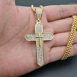 Pendant Necklaces Rhinestones Religious Cross Necklace Men's Fashion Titanium Steel Gold-Plated Hip Hop Jewelry