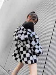 Women's Fur Fashion Women's Black White Checkerboard Pattern Faux Warm Coat Hooded Furry Winter Clothes M201