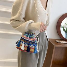 Evening Bags Ethnic Style Shoulder Bucket Bag Knit Fringe Colourful Crossbody Fresh Literary Fashion Storage Casual Drawstring Handbag