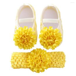 First Walkers Born Baby Shoes Baptism Yellow Headband Girl Lace Set Toddler Prewalker Cute Soft For 0-12M Kids