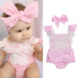 Rompers 2Pcs Fashion Newborn Baby Girls Sleeveless Pink Lace Floral Jumpsuit Playsuit Outfits Sunsuit J220922