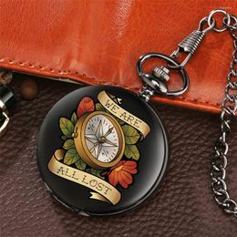 Pocket Watches We Are All Lost Compass Design Quartz Watch Black Chain Pendant Clock White Dial Analog Round