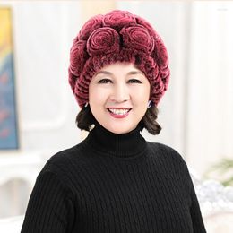 Berets Real Rex Fur Hat Women Winter Warm Handmade Knit Natural Rose Shape Caps Skullies Beanies Hats