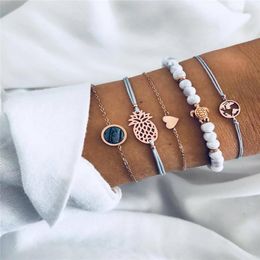 Link Bracelets Fashion Simple Multilayer Faux Stone Beaded Bracelet Creative Heart Shape Hollow Map Fruit Animal Women's 5 Pieces / Set