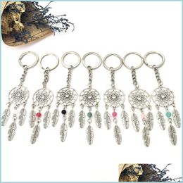 Keychains Lanyards Siercolor Dreamcatcher Keychain Feather Leaf Dreamnet Catcher Keyholder Pink Blue White Bead Hanging Decoration Dhjif