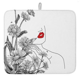 Table Mats Daisy Female Lines Red Lips Dish Drying Mat For Kitchen Counter Sink Quick Drain Fashion Printed Home Placemat