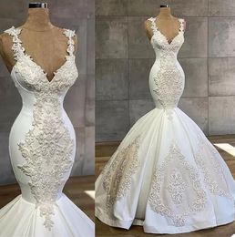 Dantel Elbiseler Gelin Kayışları Düğün Denizkızı Elbise Aplike Zemin Uzunluğu Plaj Plajı Özel Yapımı Vestidos de Novia