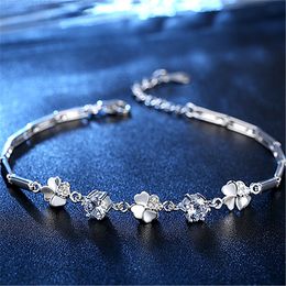 925 sterling Silver Zircon Lucky Clover Bracelets For Women Valentines Gift Wedding cute Jewelry