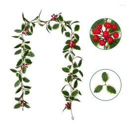 Decorative Flowers 1.75m Artificial Holly Leaf Vine Christmas Rattan Berry Flower DIY Garland Wreath Home Hanging Ornament For Party Xmas