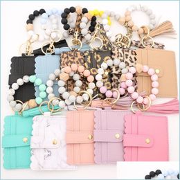 Keychains Lanyards Sile Beaded Wristlet Keychain Bracelet Leather Tassel Wallet Bangle Colors Keyrings Drop Delivery 2022 Fashion Dhbmn