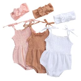 Rompers 2021 Summer Newborn Baby Girl Clothes Solid Sleeveless Backless Romper Jumpsuit Headband 2 Piece Outfits Sunsuit J220922