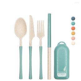 Dinnerware Sets 4Pack Reusable Travel Utensils Set With Case Portable Folding Cutlery For Picnic Camping Wheat Straw Spoon Fork Knife