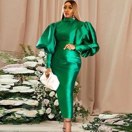 Emerald Green Satin Sheath Evening Puffy Long Sleeves Saudi Arabia Prom Dresses Dubai Formal Party Dress Robe De Soiree