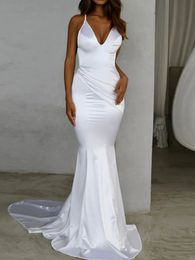 Sexy Mermaid Women Wedding Dress 2023 V Neck Sweep Brush Train Satin Spaghetti Strap Simple Bridal Gown Robe De Mariage