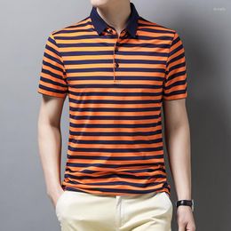 Men's Polos 2022 Mulberry Silk Summer Mens Polo Shirts Luxury Lyoell Short Sleeve Striped Casual Male Tops Fashion Men Clothing 4XL