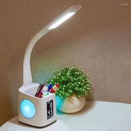 Night Lights LED Desk Lamp USB Charging Light Alarm Clock Thermometer Calendar 3-Level Dimmer Table With Pen Holder Fan