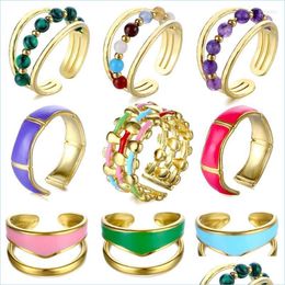 Wedding Rings Wedding Rings Fashion Colorf Natural Stone Enamel Ring Charming 18K Gold Stainless Steel For Women Oil Drip Woman Jewe Dh1Yf