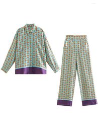 Women's Two Piece Pants Women Fashion Geometric Print Satin Straight Shirts High Waist Pockets 2022 Summer Casual Female Co-Ords Sets