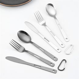 Portable Silverware Flatware Set Stainless Steel Reusable Spoon Knife Fork Dinnerware with Carabiner clip for Backpack Hiking