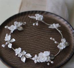 Wedding Bridal Freshwater Pearls Headband Hairband Ceramic Flower Floral Crown Tiara Korean Hair Chain Jewellery Prom Headdress Ornament