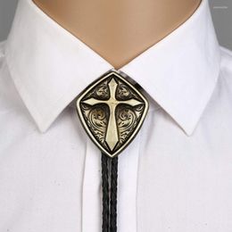 Bow Ties Romen Shield Cross Pattrn Bolo Tie For Man Cowboy Western Cowgirl Leather Rope Zinc Alloy Necktie