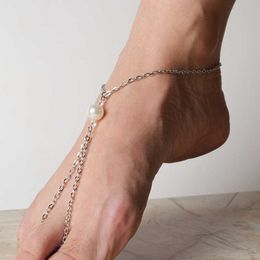 Summer Beach Barefoot Sandals Toe Ring Anklets Fashion Gold Silver Colour Chain Imitation Pearl Anklets Foot Jewellery for women