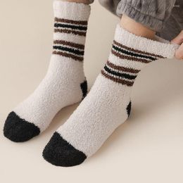 Men's Socks 1 Pair Coloured Stripe Coral Fleece Winter Comfortable Breathable Soft Men Casual Middle Tube