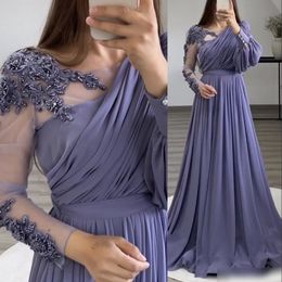 2024 Sexy Lavender Evening Dresses Wear Arabic Illusion Neck Lace Appliques Crystal Beads Long Sleeves Chiffon Custom Prom Robe De Marrige Gowns