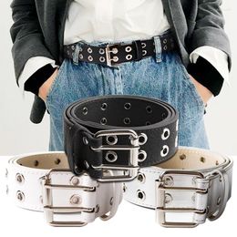 Belts Fashion Women Punk Chain Belt Adjustable Black Double Eyelet Grommet Metal Buckle Leather Men Waistband For Jeans