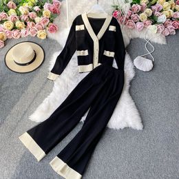 Women color block knitted v-neck sweater cardigan and wide leg desinger pants twinset