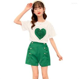 Clothing Sets Summer For Big Girls Two Pieces Heart Top And Shorts With Button Fashion 2022 Children's Outfits 5 To 14Years Old