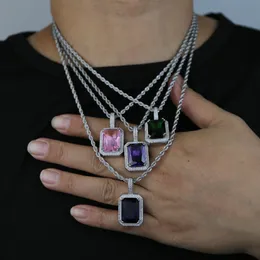 Square Colourful pendant necklace paved blue pink purple blue cz stone with rope chain 3mm tennis chains hip hop necklaces Jewellery for women men gift