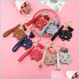 Keychains Lanyards Cute Leather Pig Animal Keychain With Rivet Crystal Women Girls Korean Style Tassel Bag Hanging Pendant Key Rin Dh6Gx